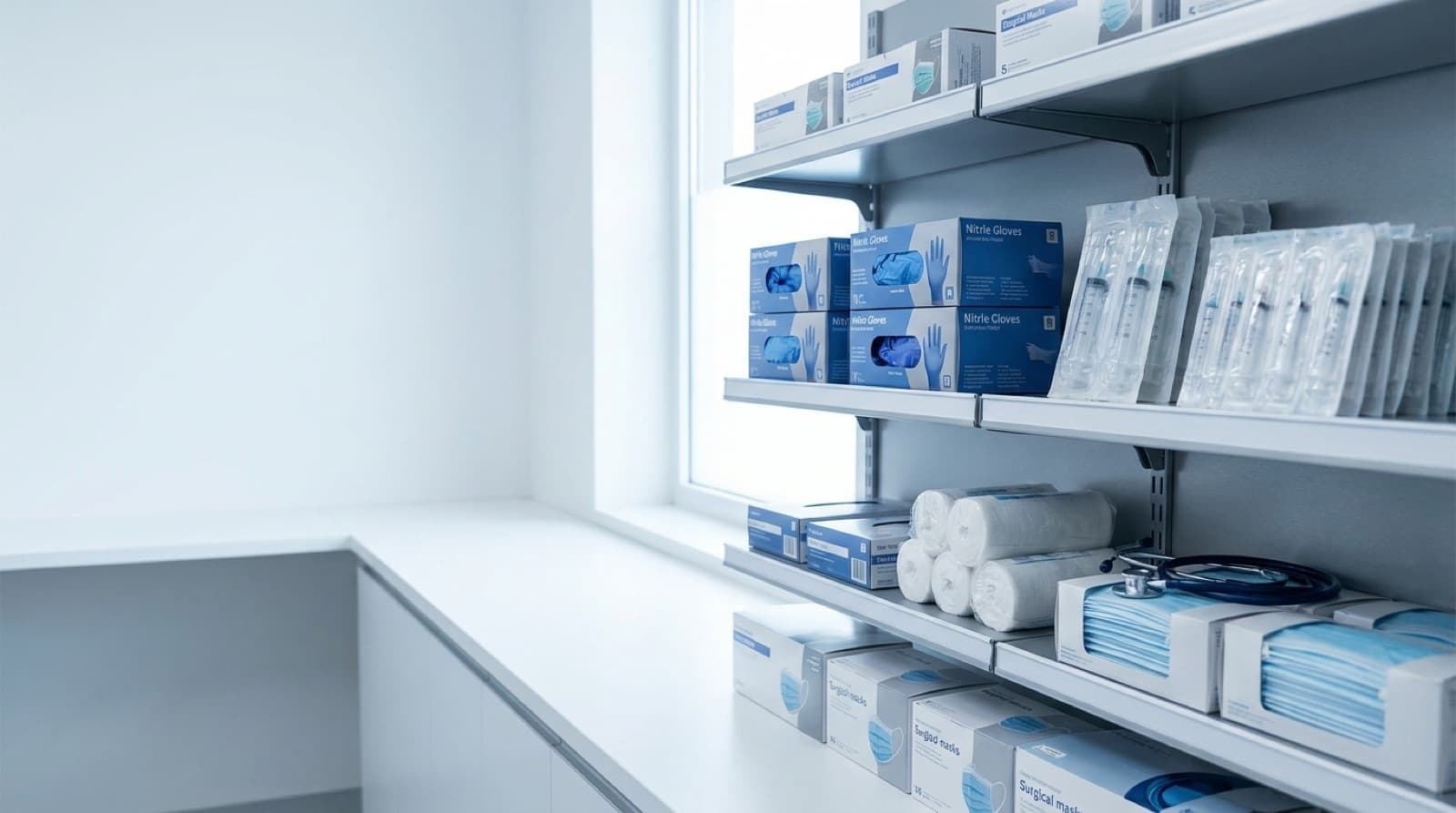 Insumos médicos organizados en estantería clínica: guantes, jeringas, gasas y mascarillas